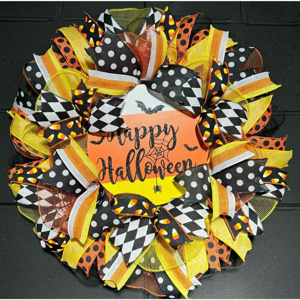 Halloween Wreath~Candy Corn, Trick Or Treat~Large~Front Door~Handmade 22 inch